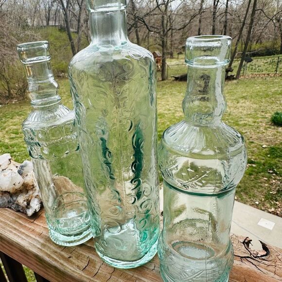 Set of Three Vintage Glass Bottles. Made in Spain. Light green tint. - Picture 1 of 6